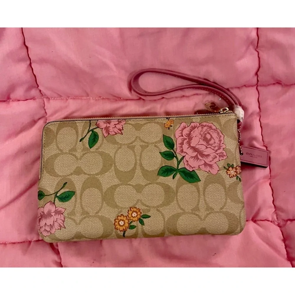 COACH DOUBLE ZIP WALLET IN BOUTIQUE SIGNATURE CANVAS WITH PRAIRIE ROSE PRINT NEW